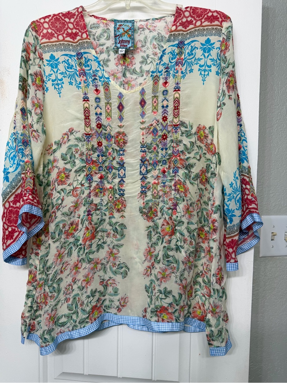 Johnny Was Cream Floral Embroidered Tunic with Red and Blue Accents
